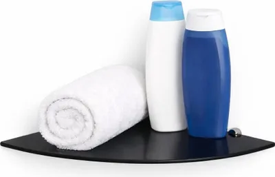 Image de Étagère d'angle murale en verre 6 mm – étagère de douche d'angle arrondie pour salle de bain et douche, étagère en verre ESG, tablette en verre avec support mural, tablette d'angle noire 45 x 45 cm