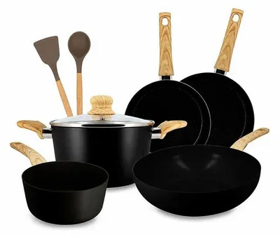 Imagen del producto de Juego de cocina de 9 piezas MENASTYL Colorama, aluminio reciclado, revestimiento antiadherente, compatible con inducción, color