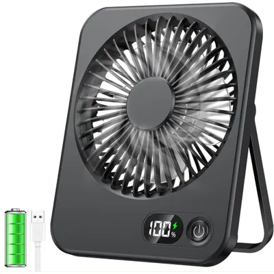 Produktbild von USB-Tischventilator Mit LCD-Display, 1 Stück, Leiser Akku-Lüfter Mit 5 Stufen Und 1000 mAh Für Büro, Zuhause Und Camping