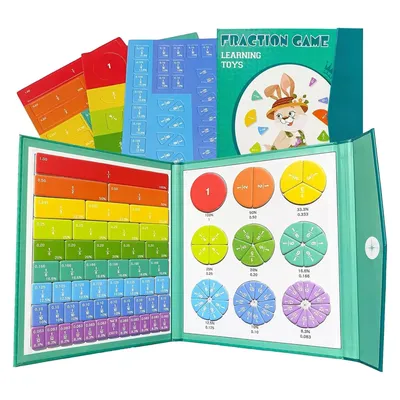 An open book-like case displaying a fraction learning game set with colorful fraction pieces and cards.