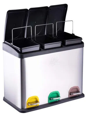 Obrázok produktu pre Pedálový odpadkový kôš Dirt Devil 3 x 15 l s 3 priehradkami - Kuchynský odpadkový kôš - Odpadkový kôš s mäkko zatvárateľným vekom - 59 x 30 x 47,5 CM - Pedálový odpadkový kôš z nehrdzavejúcej ocele - Strieborný