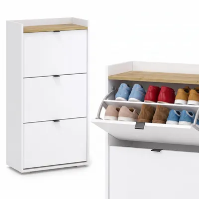 Produktbild von Schuhschrank Steppo Plus 60 cm schmal 3 Klappen Schuhregal Weiß/Artisan Eiche