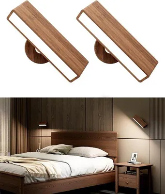 Immagine prodotto di Set di 2 lampade da parete a LED, dimmerabili, in legno, orientabili, ricaricabili, da parete, per camera da letto e soggiorno