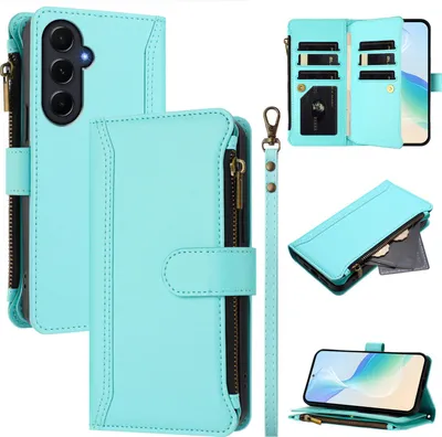 Image de Etui pour Samsung Galaxy A55, zippé, étui portefeuille en cuirPolyuréthaneavec pochettes pour cartes, support et dragonne vert menthe