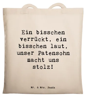 Produktbild von Mr. & Mrs. Panda Schultasche Spruch Stolzer Patensohn - Transparent - Geschenk, Jutetasche, Tote Bag, Taufpate, Patenschaft, Lächeln, Patenkind, Einkaufstasche, Tasche