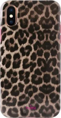 A close-up view of a leopard print phone case.