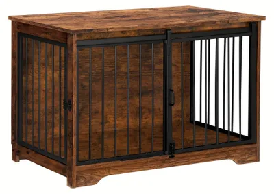Imagen del producto de Jaula para perros de madera - Transportín para perros - Caseta para perros - Kennel para perros - Jaula vintage para perros, color marrón - Diseño de 2 puertas