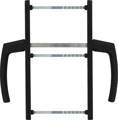 A black door handle set with metal rods against a white background.