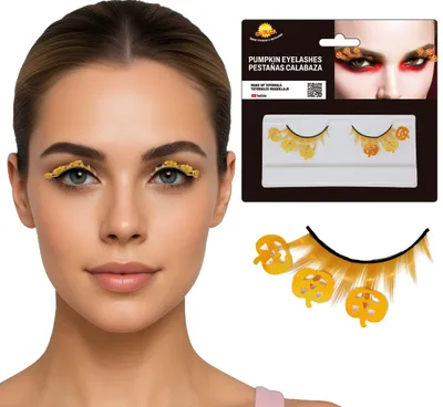 Imagen del producto de Halloween. Murciélago, gato, pestañas, disfraz, maquillaje, , dramático, escenario, carnaval, fiesta, look, oscuro, fantasía, máscara, teatral. Color: Naranja