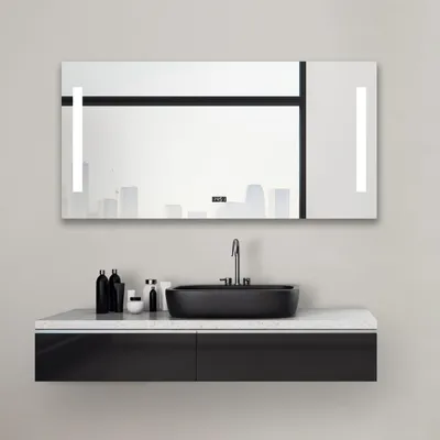 Produktbild von LED Badspiegel 120×60 cm, Alurahmen, Licht neutralweiß, Digitaluhr, IP24