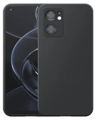 A black smartphone case is shown from the back, with the phone partially visible behind it.