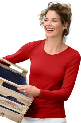 Produktbild von Langärmeliges Baumwoll-T-Shirt für Damen, 95% Baumwolle, 5% Elasthan, ohne Aufdruck, einfarbig, 180g/m2, Farbe rot, Größe L