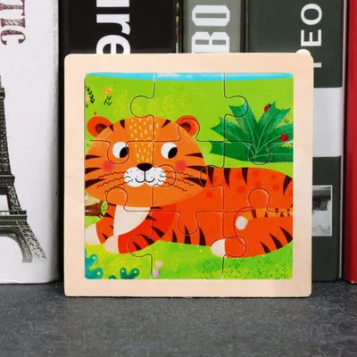 Zdjęcie produktu dla Drewniane puzzle dla dzieci tygrys z kreskówki 9 elementów