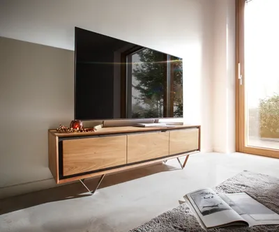 Produktbild von DELIFE Lowboard Stonegrace 145 cm Akazie Natur 3 Türen Steinfurnier V-Fuß