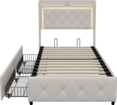 Image de Lit simple 90x200 cm, rangement, tête de lit étagères, LED, USB Type-C, Velours, Beige