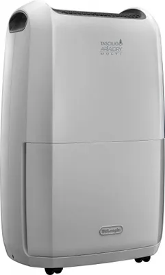 A white and light gray dehumidifier is shown from the front.