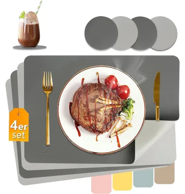 Produktbild von Tischsets Abwaschbar Lederoptik Hitzebeständig 4er Set Anthrazit+Hellgrau 43x30cm inkl. Untersetzer