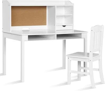 Imagen del producto de Escritorio infantil con silla, set multifuncional para niños, mesa de estudio de madera con estantería, cajón y pizarra, set de mesa y sillas para habitación infantil (blanco)