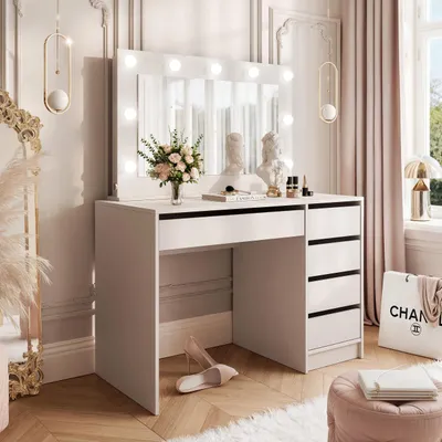 Image de Idohome Coiffeuse BELLA II, coiffeuse avec miroir et éclairage, coiffeuse moderne, coiffeuse avec tiroirs, armoire à bijoux Cachemire