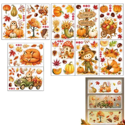 Immagine prodotto di 10 adesivi per finestre a tema autunnale – adesivi statici riutilizzabili con foglie e zucche
