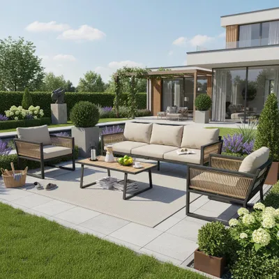 Produktbild von 4-tlg. Garten Loungesessel Set: 3er Sofa, 2 Sessel + Couchtisch, Outdoor, Tischplatte aus Kunststoffholz, Seilarmlehnen, verzinkter Stahl, beige