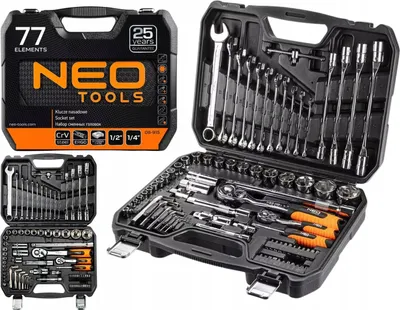 Produktbild von NEO TOOLS Klucz nasadowy 1/4" 1/2", zestaw z 77 częściami - CrV - (nasadki, nasadki, wkrętaki nasadowe) w etui