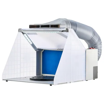 A white airbrush spray booth with LED lights and a flexible exhaust hose, set against a white background.