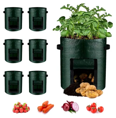 Produktbild von 6 Stück Kartoffelpflanzsäcke, 10 Gallonen für Gemüse und Tomaten mit stabilen Griffen und Sichtfenster, Pflanztaschen für Kartoffeln, Blumen und Pflanzen