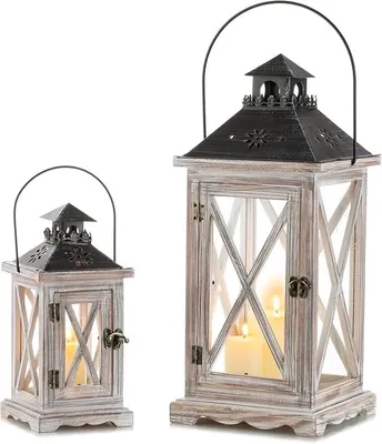 Imagen del producto de Lámpara de madera de estilo vintage para interior y exterior, juego de 2 unidades, 28/48 cm, color blanco envejecido
