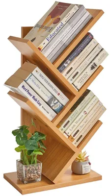 Obrázok produktu pre Knižnica v tvare stromu, 4 úrovne, rozdeľovač priestoru, drevená polica, prírodné farby, 60 cm