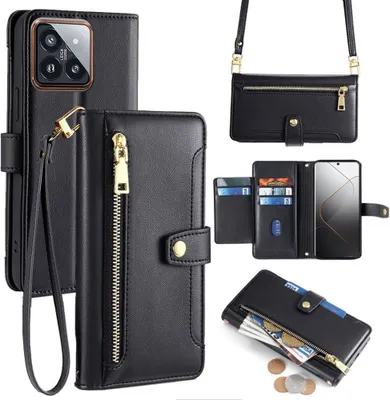 Produktbild von Handykette Xiaomi Hülle mit Band Handyhülle Kartenfächer Kunstleder Umhängetasche 14 Pro Schwarz
