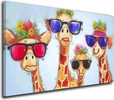 Produktbild von Pop Art 4 Giraffen Colour Leinwandbild Wandbild Kunstdruck XL Wanddeko: 130x70x4cm