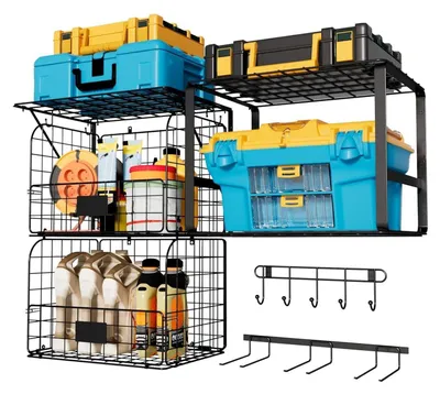 Obrázek produktu pro Regálový systém pro montáž na zeď do garáže, se drátěnými koši, držáky na nářadí a háčky, černý, sada 3 kusů