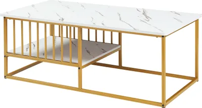 Image de Table basse 'Raukurg' avec un compartiment de rangement 120 x 60 x 44 cm aspect marbre, blanc / doré