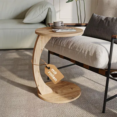 Produktbild von sugodesign Couchtisch mit Rollen, kleiner Beistelltisch C Form, Beistelltisch Couch, stylischer Sofatisch in schöner Nussbaum Holz Optik, runder Ablagetisch ideal für Couch und Wohnzimmer, C Form