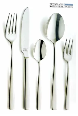 A set of cutlery arranged on a white background.