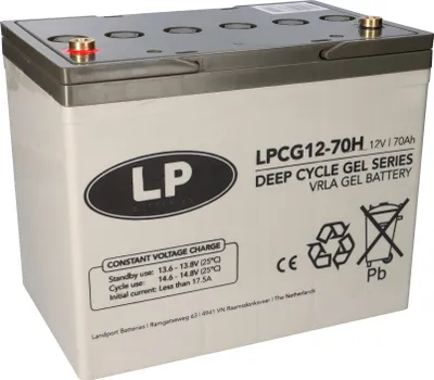 A white deep cycle gel battery with black and gray accents, placed on a white background.