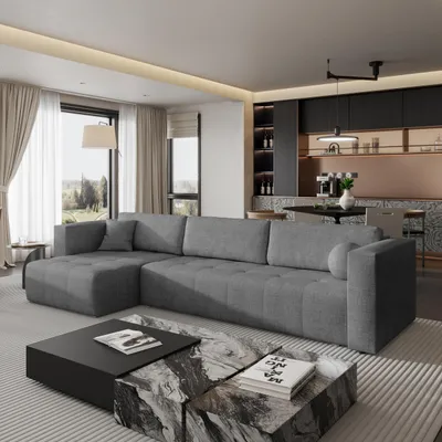 Produktbild von Masseno Ecksofa OLVERA mit Schlaffunktion L-Form, Sofa mit Bettkasten, Wohnzimmersofa, Couch, Soffa, Bettsofa, Couchgarnitur- Grau, NEVE 90
