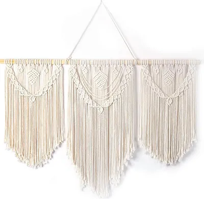 Produktbild von Makramee-Wandbehang, groß, gewebt, Boho-Stil, Wandteppich, Blattquaste, Bohemian-Stil, Baumwollseil, Makramee-Wanddekoration für Schlafzimmer, Wohnzimmer, Hintergrund, 110 x 80 cm