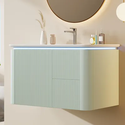 Produktbild von Flieks wandhängender Waschtischunterschrank mit LED-Radar-Bewegungssensorleuchte, Schubladen, einteiliges Waschbecken, Standschrank, Holzschrank, Grün