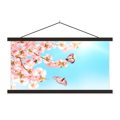 Produktbild von MuchoWow® Textilposter Schmetterlinge - Baum - Blumen 60x30 cm mit schwarzem Rahmen - Textilien