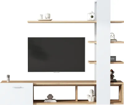 Produktbild von Wohnzimmermoebel-Set 180 x 33.5 x 151.5 cm Weissgeeignet fuer Fernseher unter 60 Zoll modernes Eichenweiss TV-Schrank Lowboard TV Wohnwand