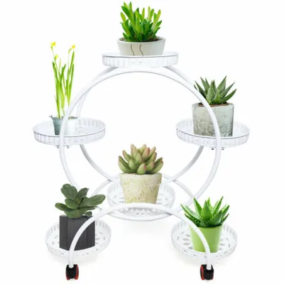 Produktbild von Pflanzenständer 6 Töpfe Metall Blumentreppe Blumentöpfe Blumenbank Blumenständer Mit Rad Weiße