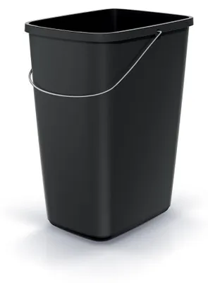 A black rectangular trash can with a silver handle is shown against a white background.