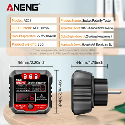 Obrázek produktu pro ANENG Zásuvkový tester Detektor zásuvek s napěťovým LCD displejem 250V Zásuvkový tester Automatický tester obvodů Polarita Napěťový test Nástěnná zástrčka Elektrické nářadí