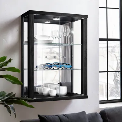 Produktbild von K-Möbel Hängevitrine in Schwarz (80x60x25 cm) mit 2 höhenverstellbaren Glasböden, Spiegel & LED - Glasvitrine hängend - Wandvitrine - Regal Glas