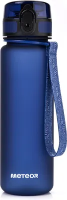 A dark blue water bottle with a blue strap and a black lid.