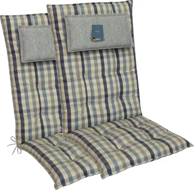 Produktbild von LILENO HOME Gartenstuhl Auflagen als [2er Set - Hochlehner] in Karo Beige Blau - bequeme Liegen als Sitzauflagen für Gartenmöbel - Stuhlkissen für Gartenstühle und Klappstühle MAR