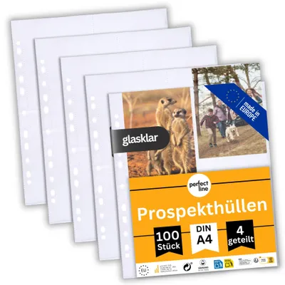 Image de perfect line 100 pochettes transparentes A4, divisées en 4 compartiments A6, en polypropylène transparent, 90 microns, sans acide