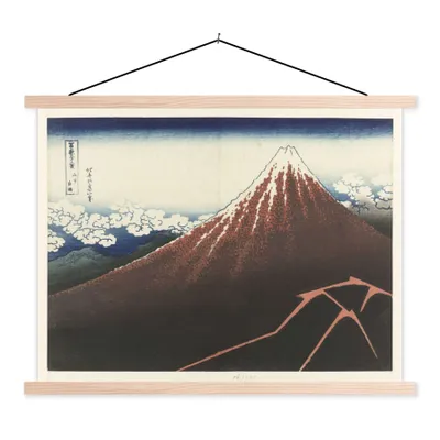 Produktbild von MuchoWow® Textilposter Regensturm am Fuße des Berges Fuji - Gemälde von Katsushika Hokusai 150x113 cm mit holzfarbenen Rahmen - Poster